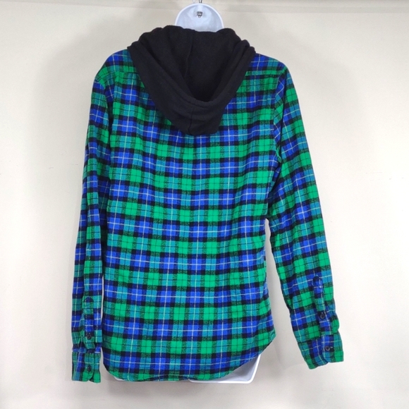Rue 21 Size Small Green & blue hooded button down flannel shirt - Picture 5 of 9